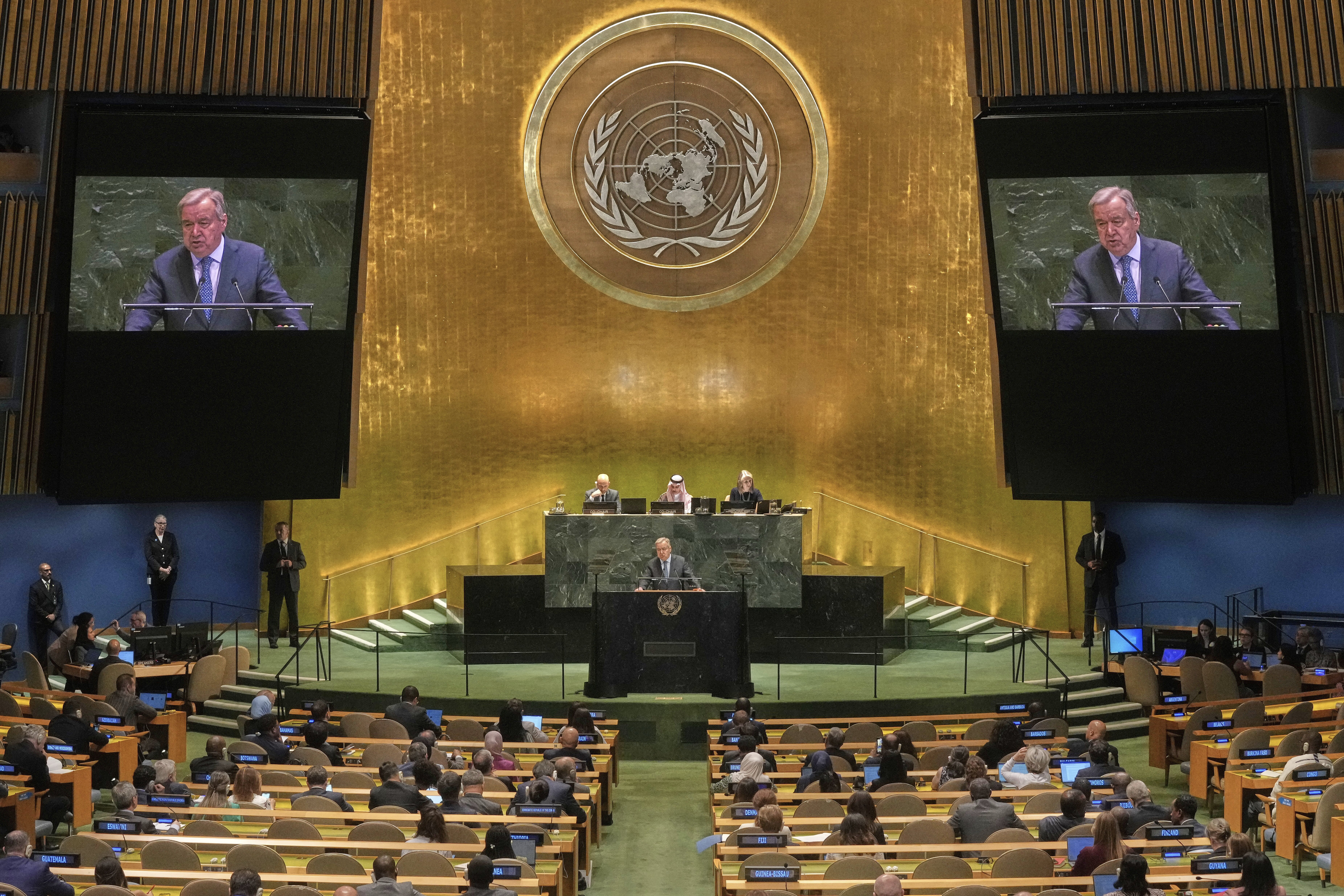 U.N. Secretary-General António Guterres addresses the United Nations General Assembly, July 28.